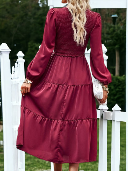 Shirred V Neck Tiered Dress