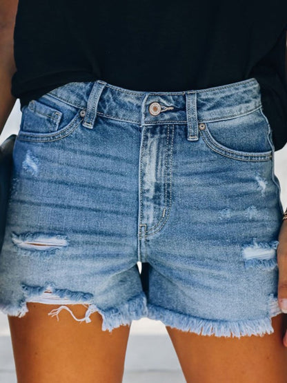 Anna-Kaci Women's Distressed Denim Shorts with Frayed Hem and Classic Five-Pocket Design
