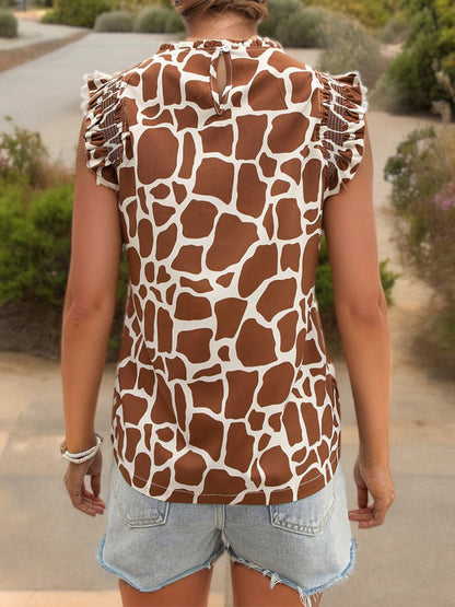 Sleeveless Ruffle Trim Top with Giraffe Print and Crew Neck