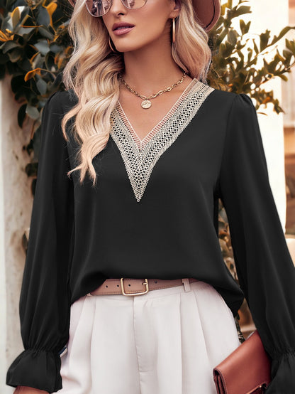 Lace Trim V Neck Bell Sleeve Top