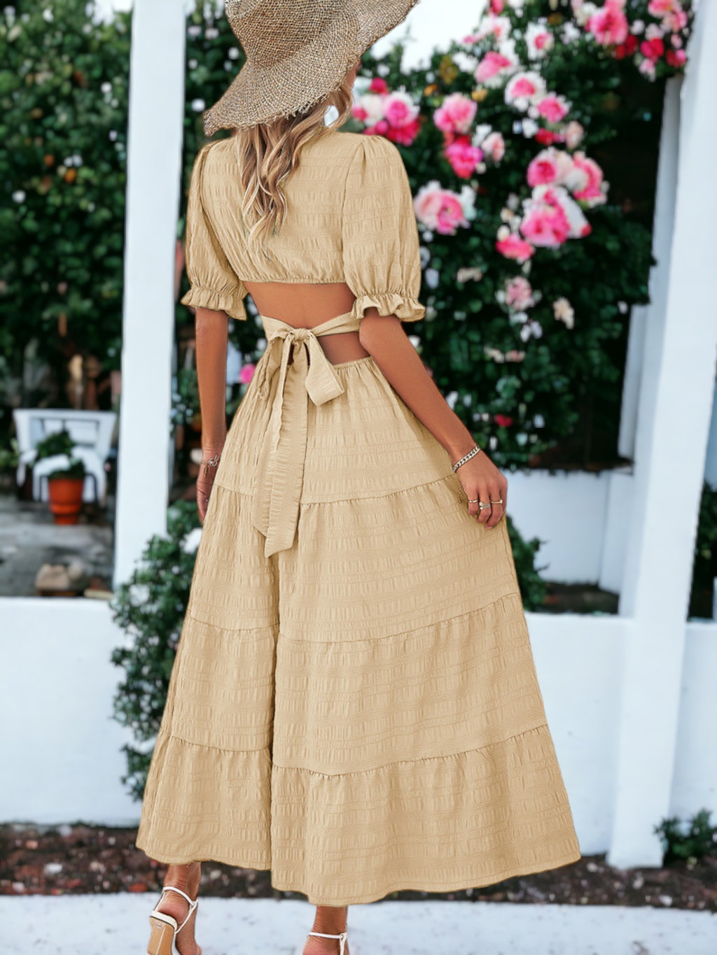 Solid Color V-Neck Textured Puffed Sleeve Maxi Dress