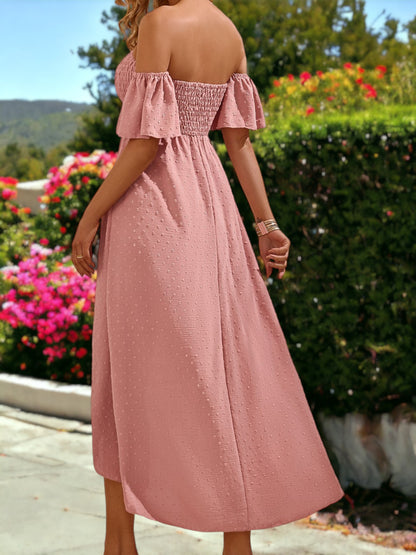 Off Shoulder Smock Wrap Skirt Style Dress