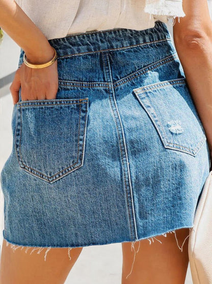 Anna-Kaci Women's Distressed Denim Skirt with Button Front and Frayed Hem