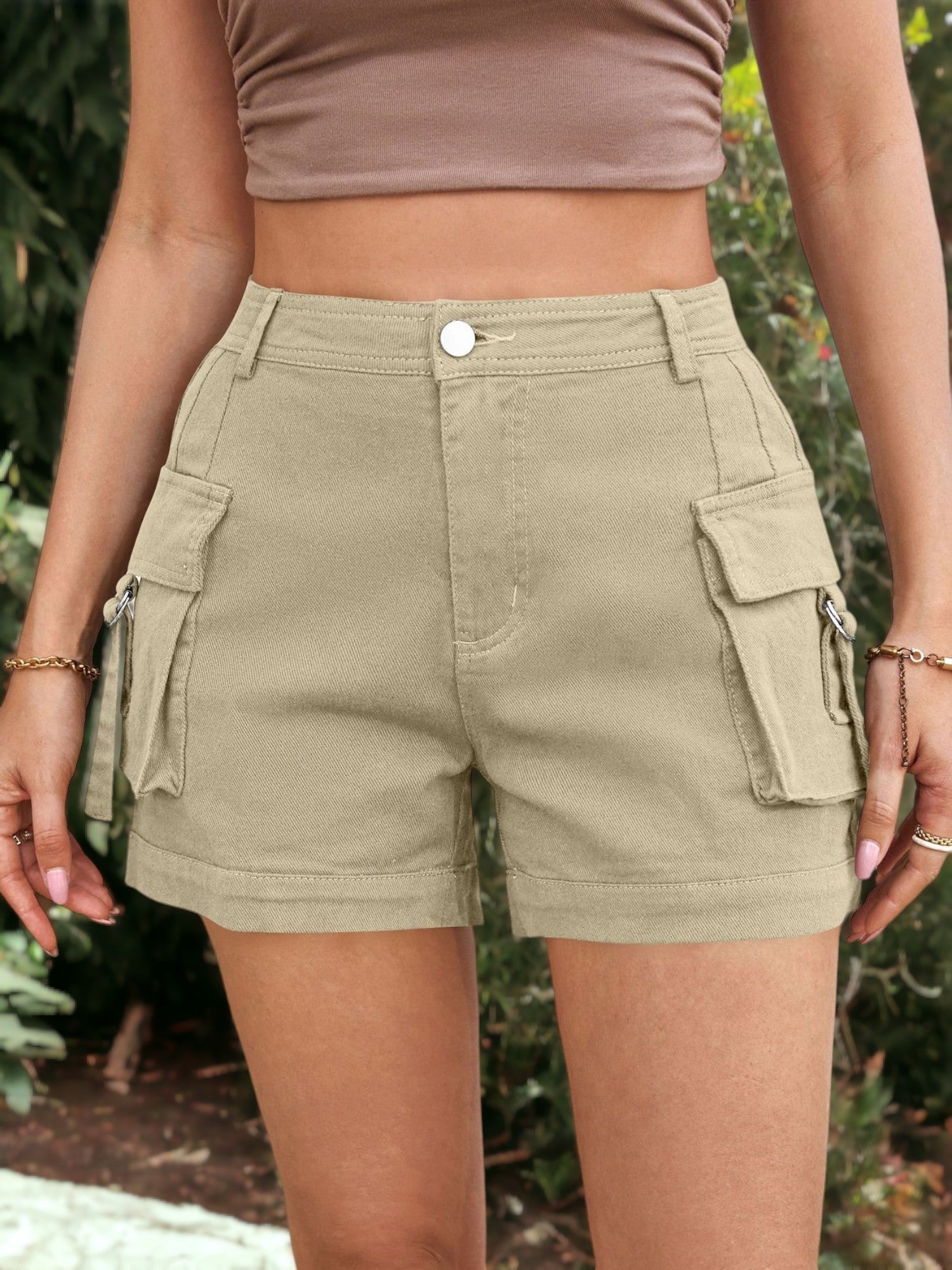 Women's Casual High Waist Side Pockets Detailed Cargo Shorts