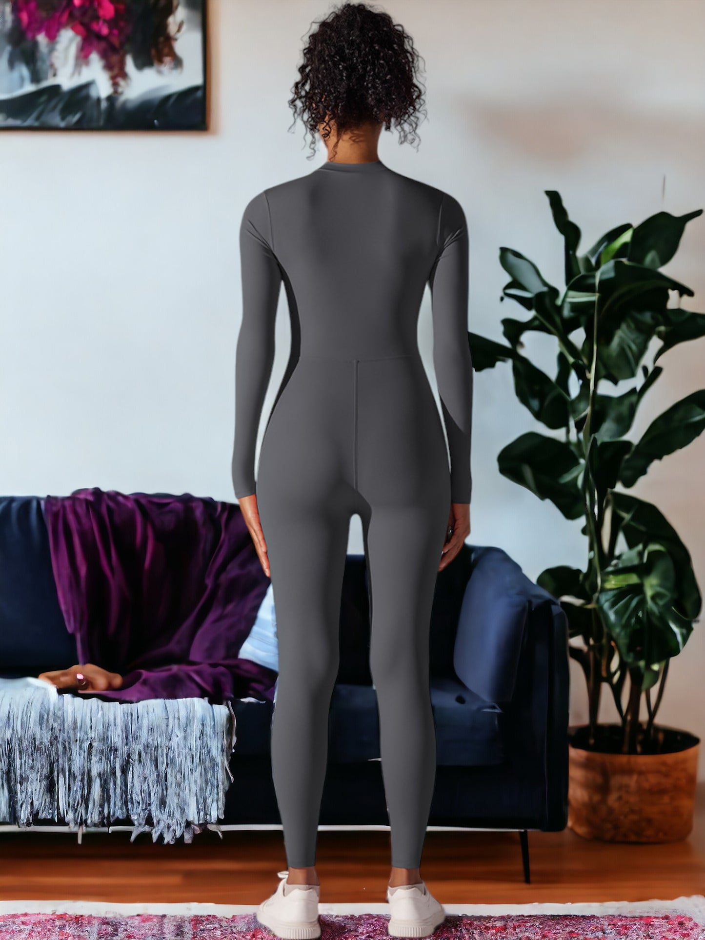 Mono de yoga de una pieza con media cremallera y mangas largas