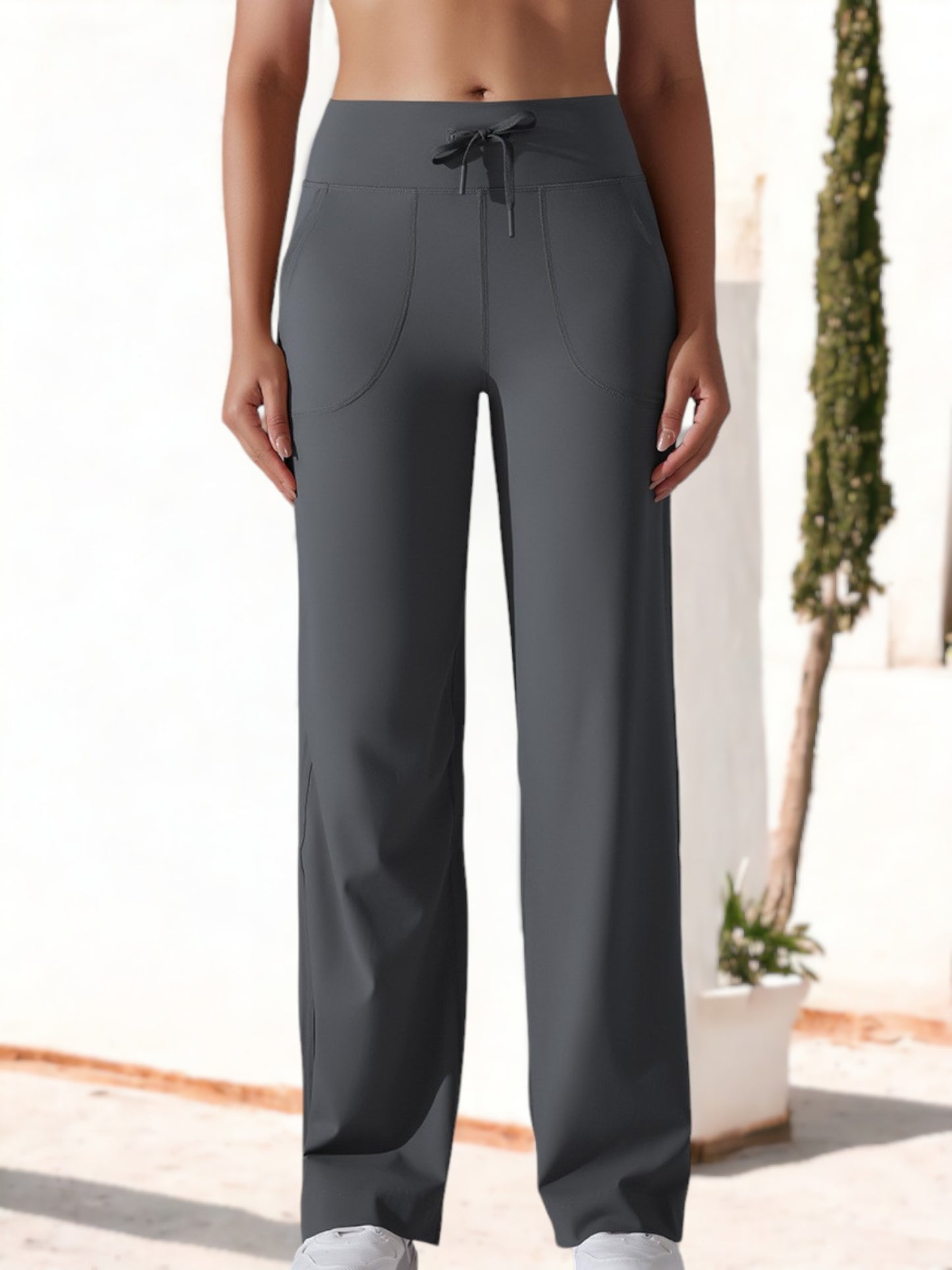 Pantalones de fitness de cintura alta y pierna ancha con cordón