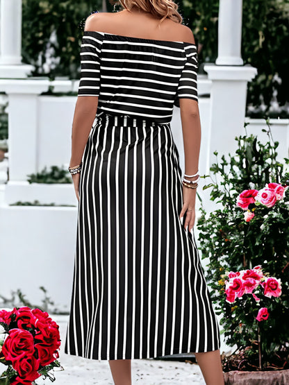 Striped Slit Off-Shoulder Tie-Waist Midi Dress
