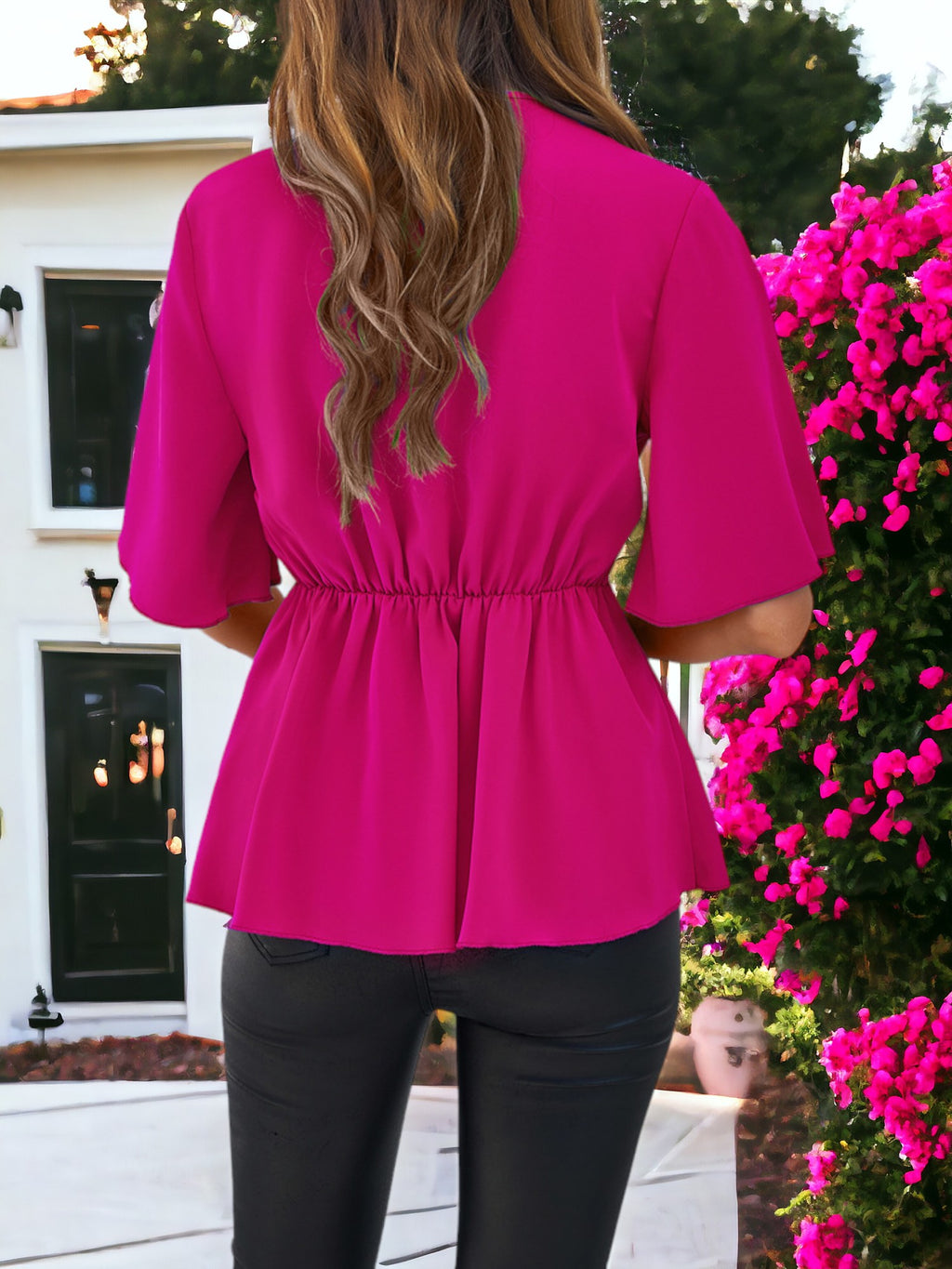 Blusa elegante con volantes y manga media con lazo en la cintura para mujer