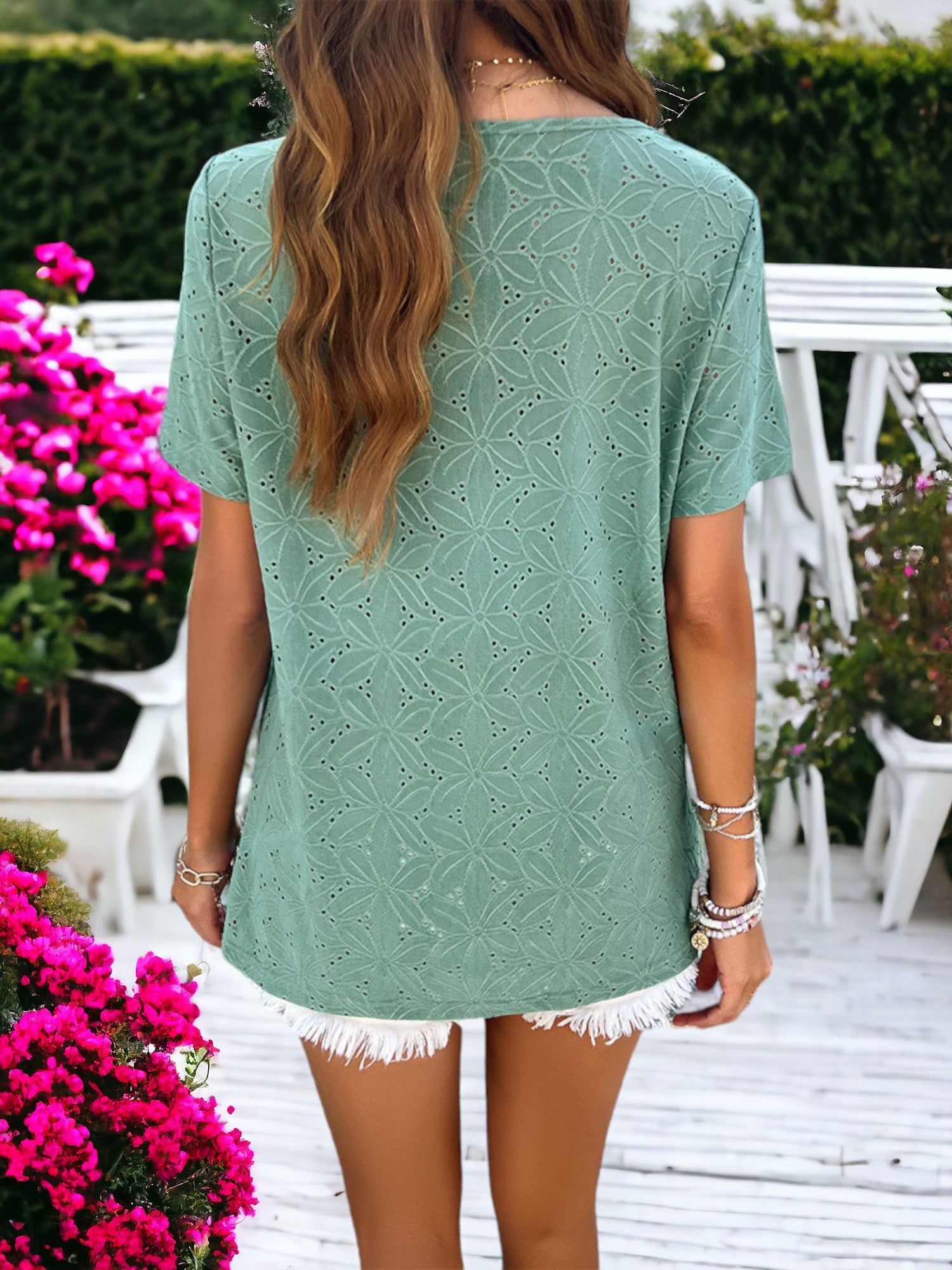 Short Sleeved Pleated Front Eyelet T-shirt