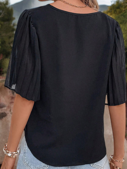 Anna-Kaci Women's Short Sleeve Crew Neck Textured Wave Pattern Casual Tee