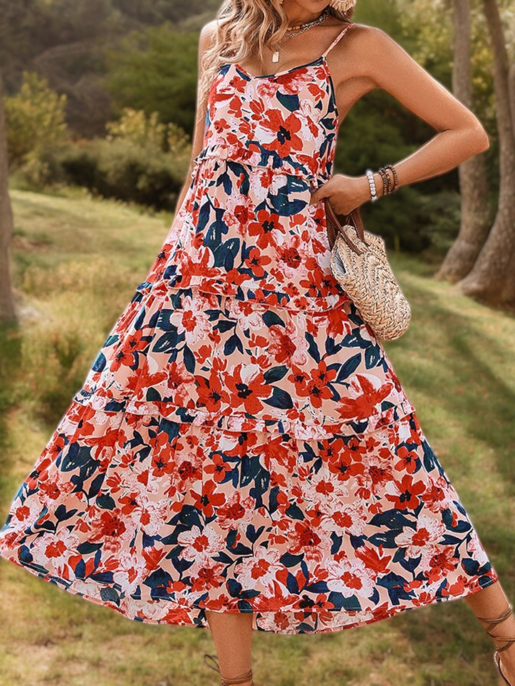 Spaghetti Strap Floral Print Midi Dress with Tiered Skirt