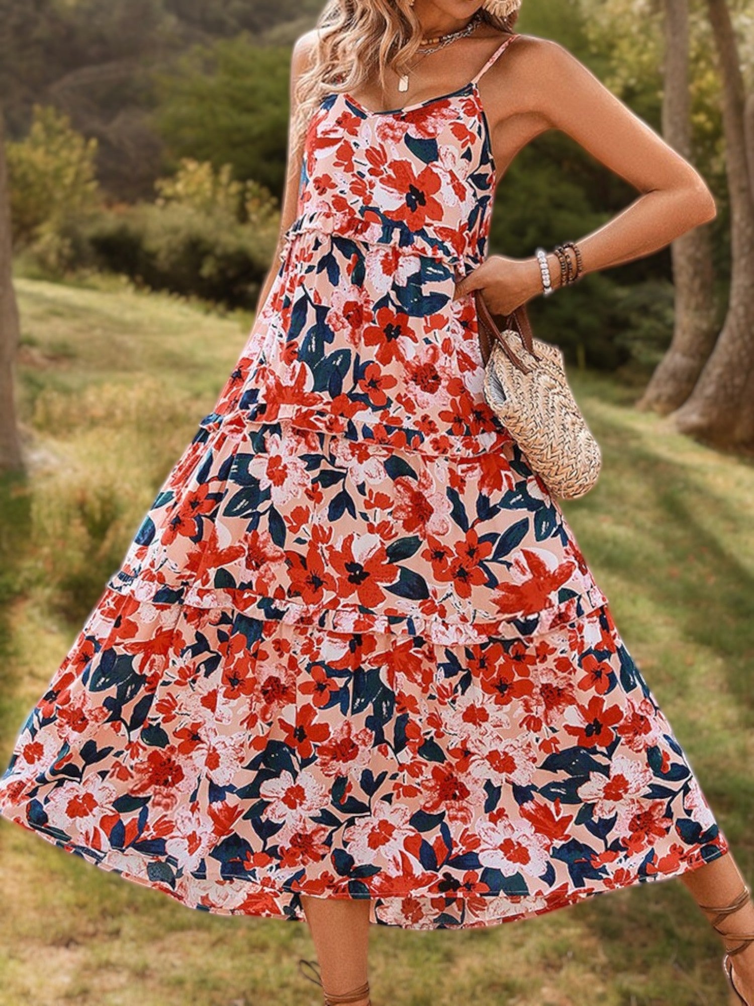 Spaghetti Strap Floral Print Midi Dress with Tiered Skirt