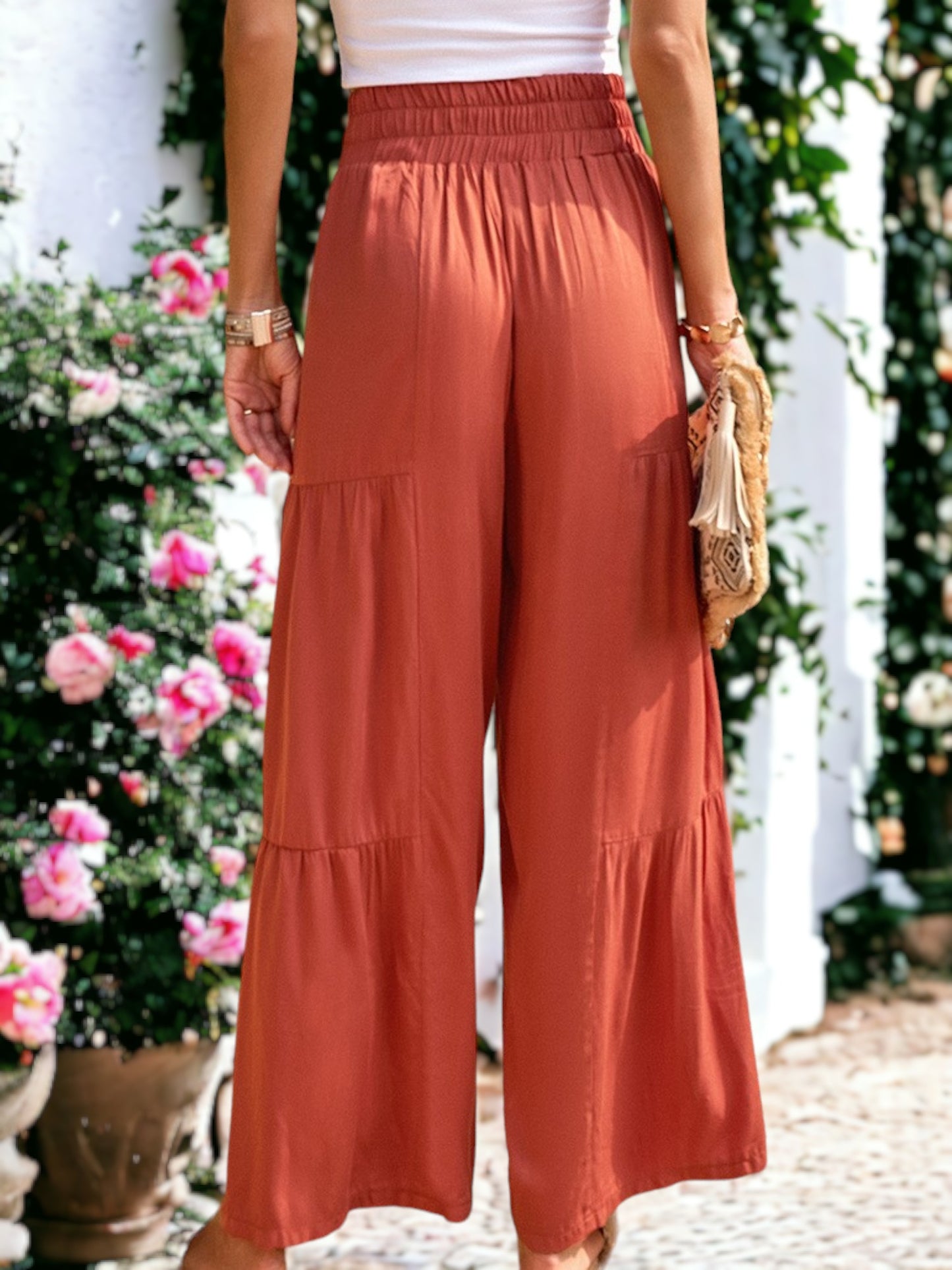 Tie Waist Tiered Wide Leg Pants