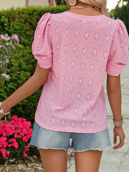 Heart Textured Pattern V-Neck Twist Cuffed Tops