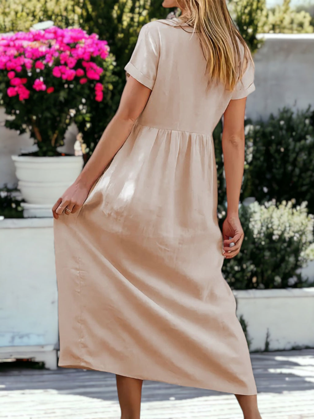 Vestido largo holgado de manga corta con escote en V y botones para mujer