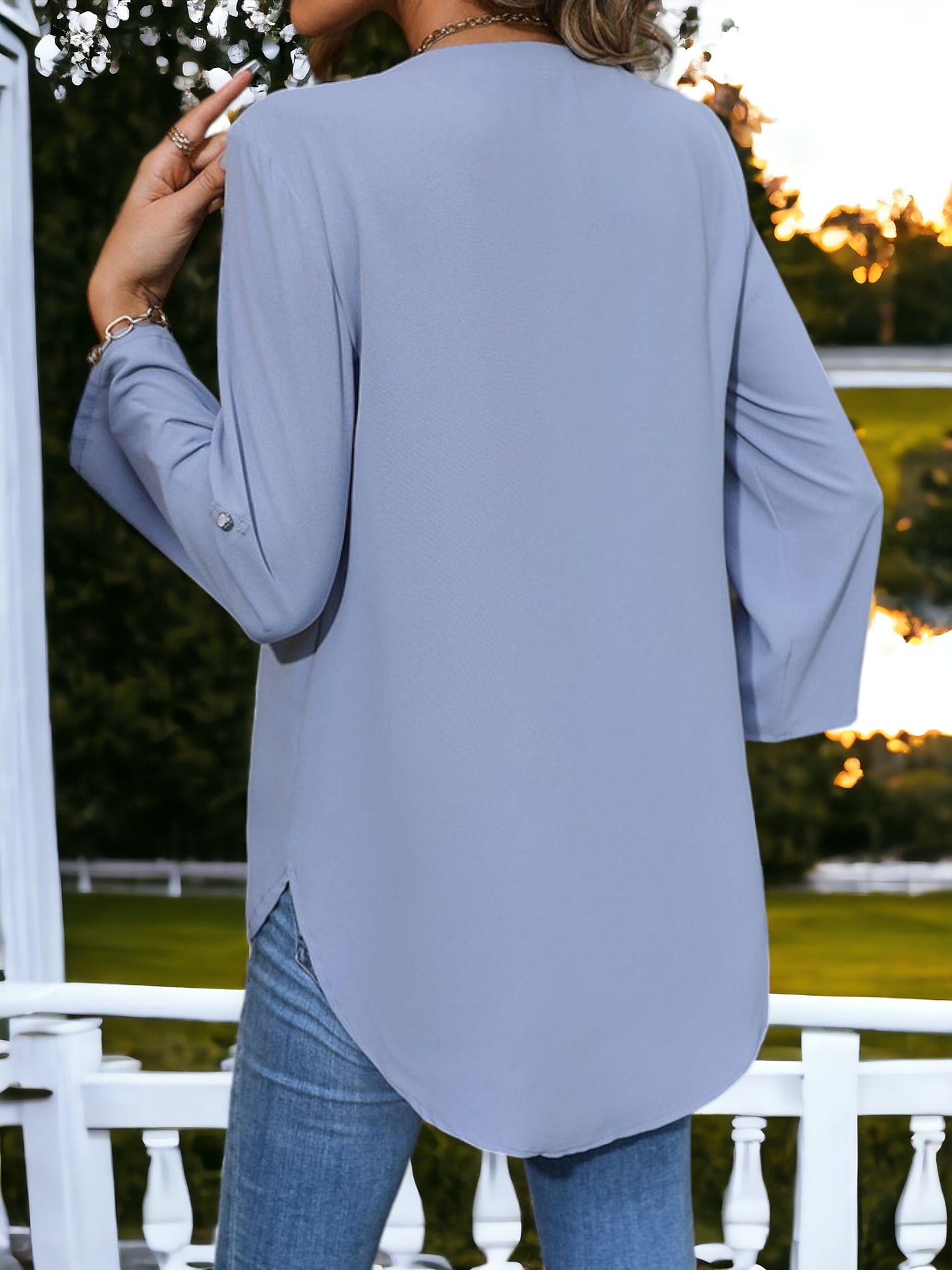 Notched Roll-Tab Sleeve Blouse