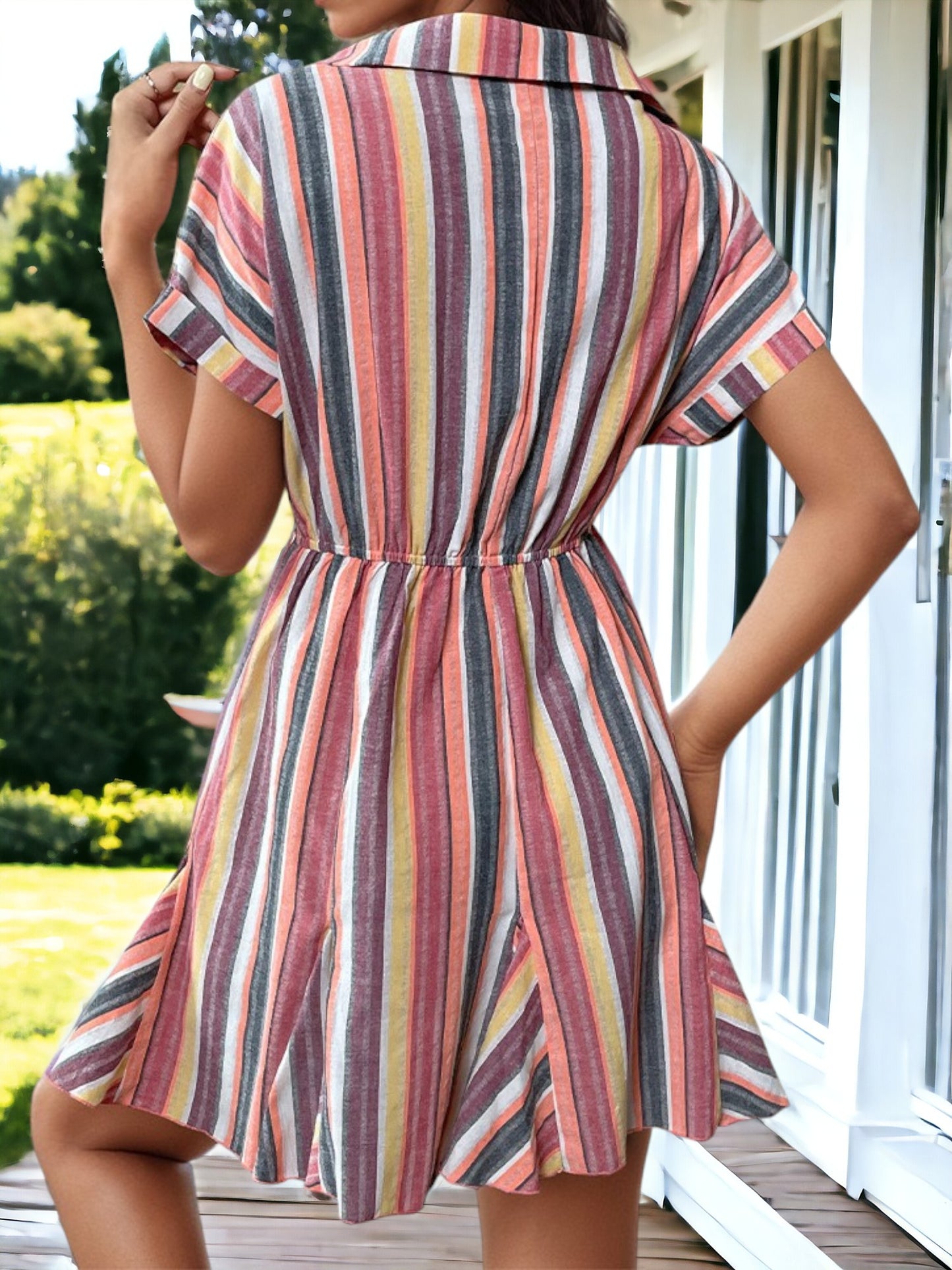 Summer Spring Striped Print Short Sleeve POLO Neck Casual Dresses