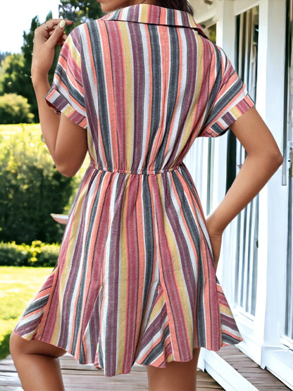 Summer Spring Striped Print Short Sleeve POLO Neck Casual Dresses