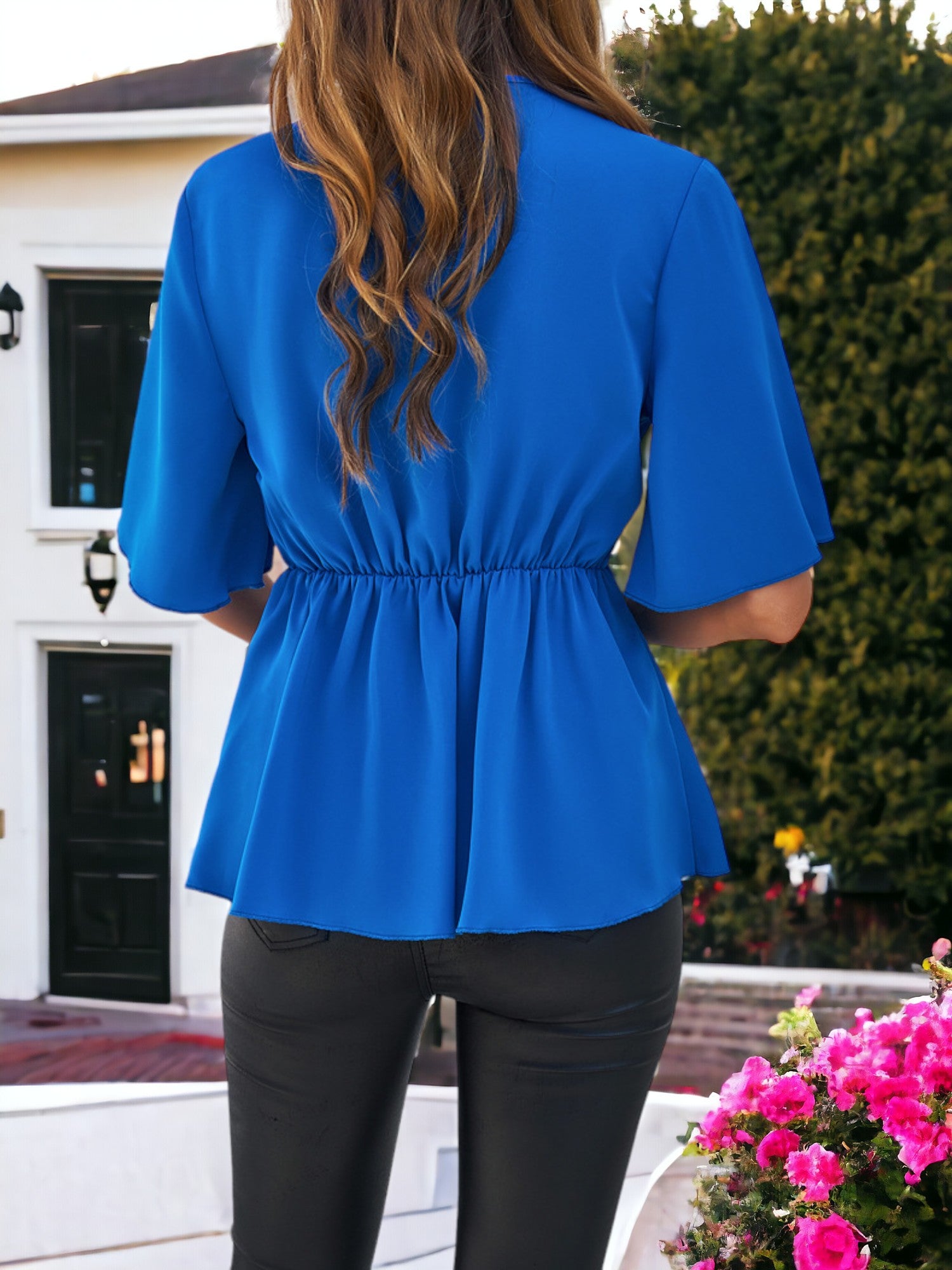 Blusa elegante con volantes y manga media con lazo en la cintura para mujer