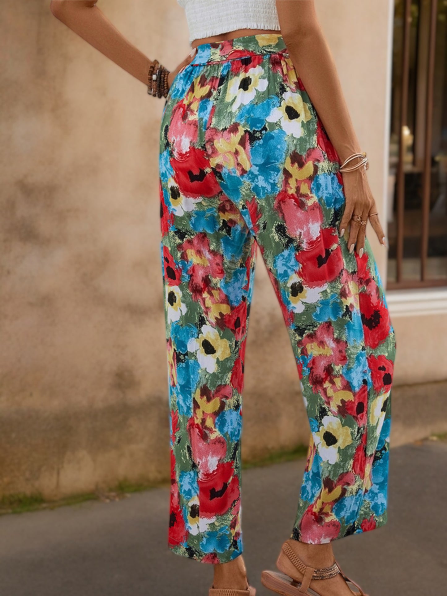 High-Waisted Wide Leg Pants with Floral Print and Tie Waist