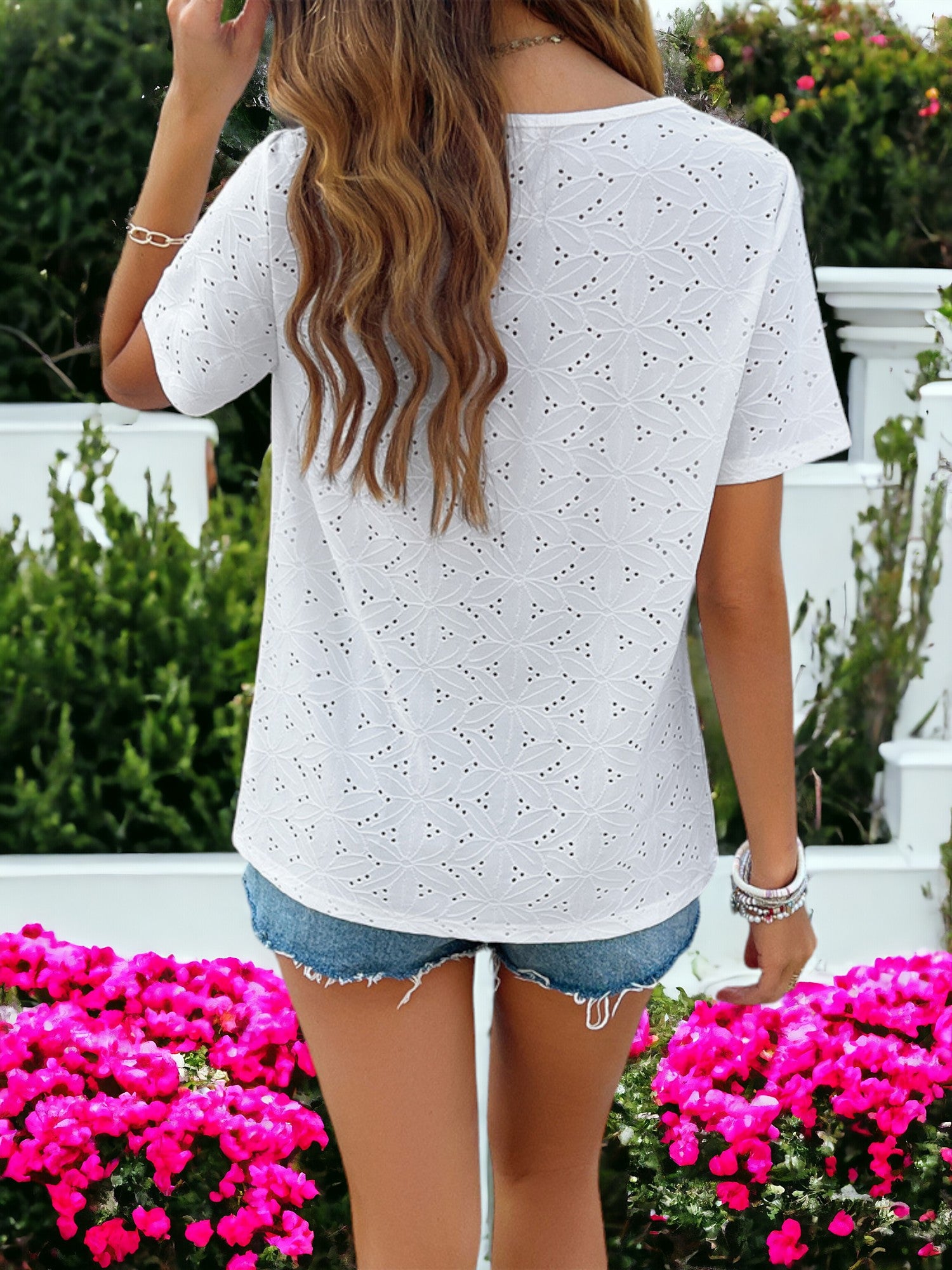 Short Sleeved Pleated Front Eyelet T-shirt