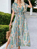 Summer V-Neck Floral With Chiffons Ruffle Sleeves Tied Back Maxi Dress