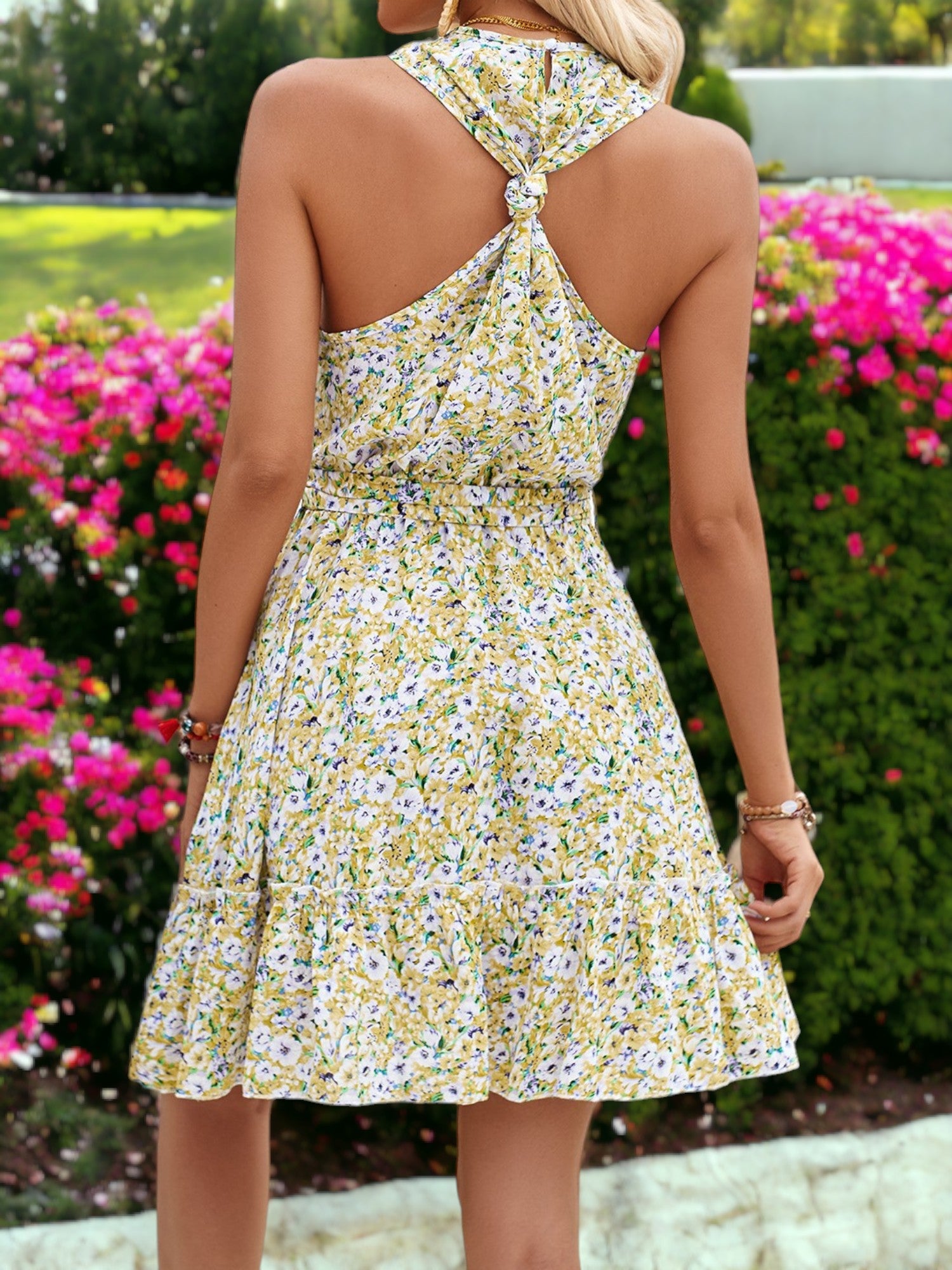 Halter Knotted Back Floral Printed Lace Up Waist Dress
