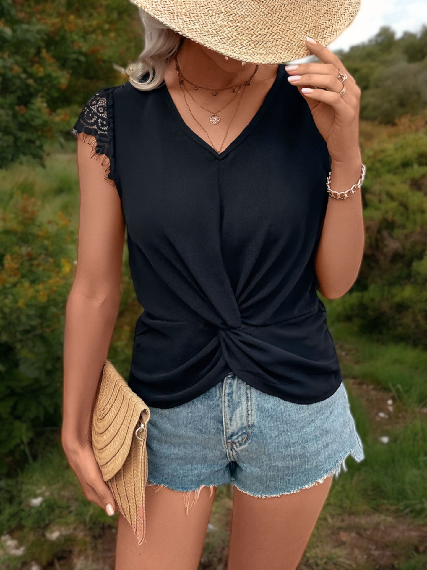 Sleeveless Twist Knot Top with Lace Cap Sleeves and V-Neck