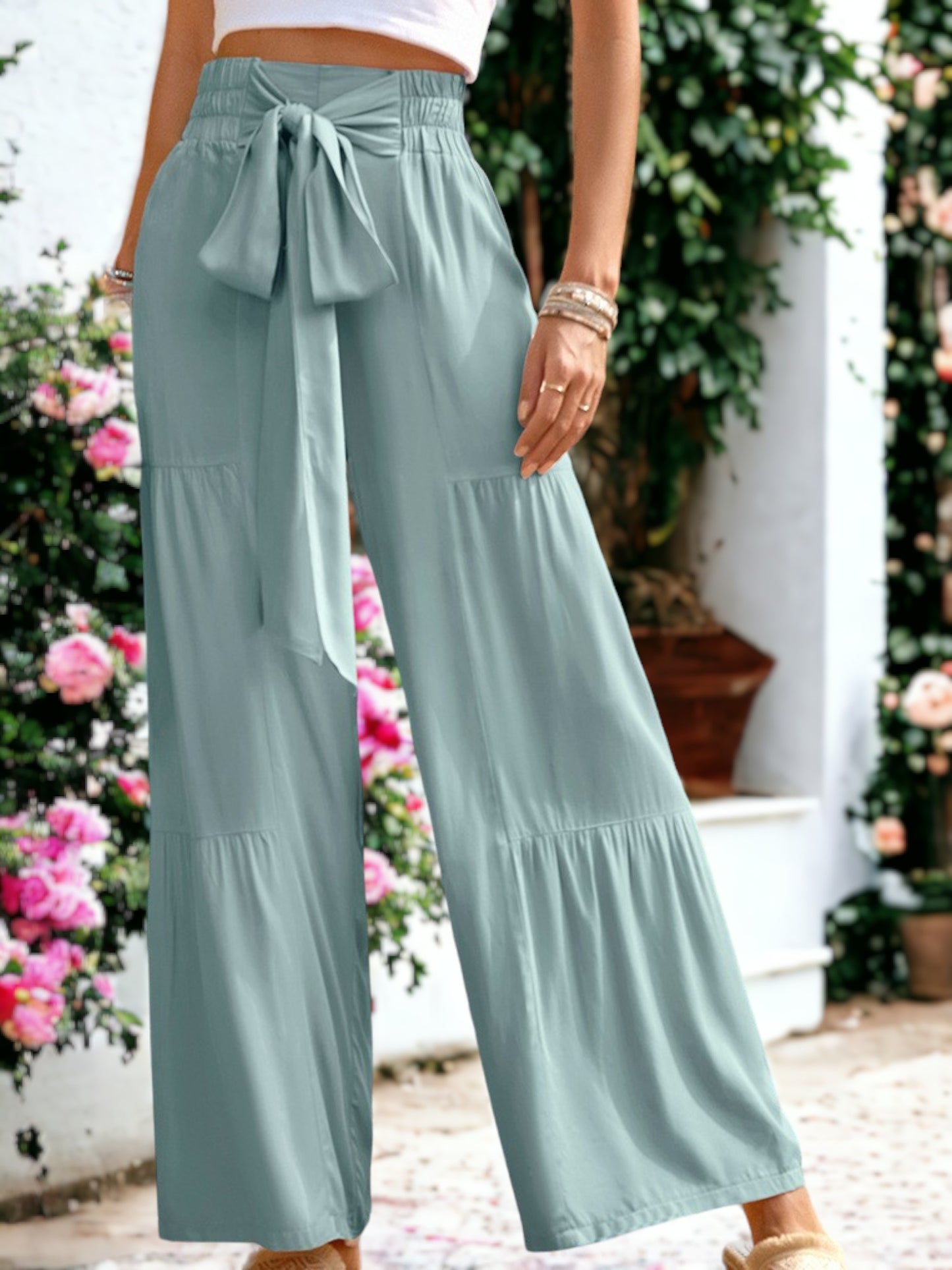 Tie Waist Tiered Wide Leg Pants