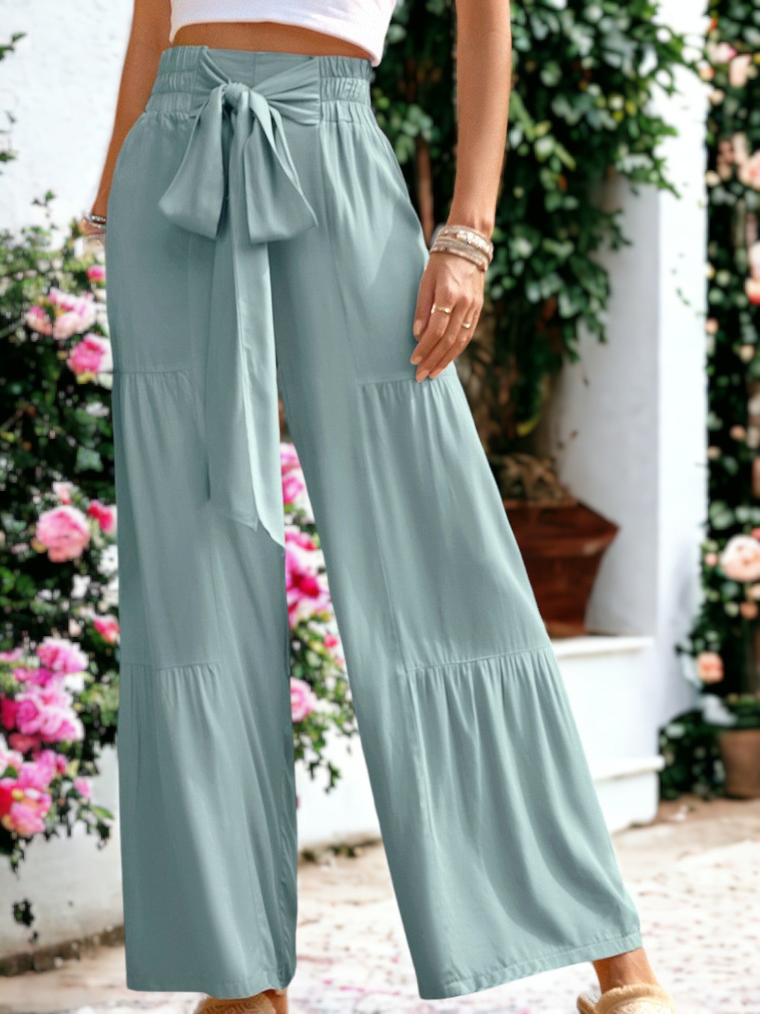 Tie Waist Tiered Wide Leg Pants