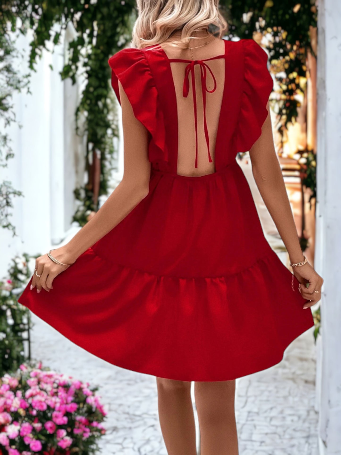 Ruffle Front Tie Back Dress