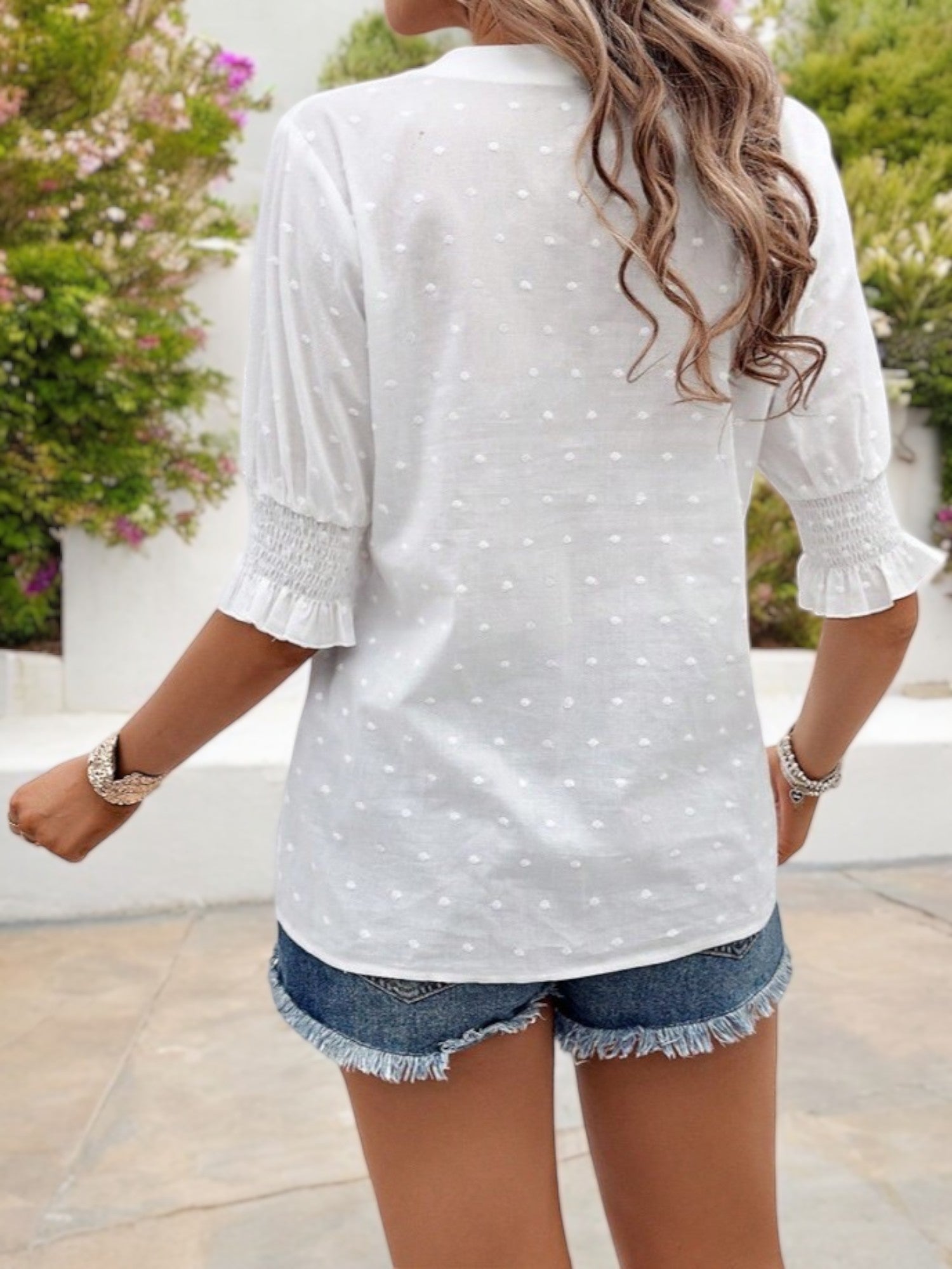 Anna-Kaci Women's Embroidered Eyelet Top with Half Sleeve and V-Neck Design