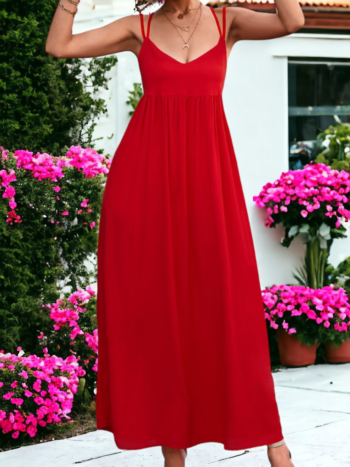 Vestido largo con bolso de lazo y doble tira