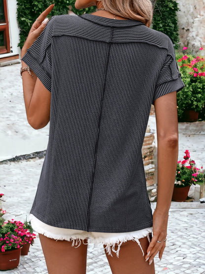 Striped Textured Round Neck Short Sleeve Exposed Edge T-Shirt