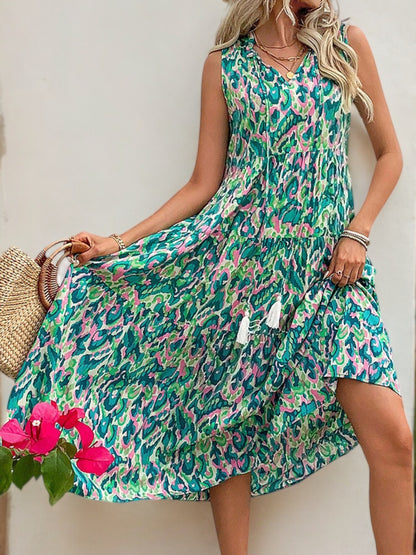 Sleeveless Printed Midi Dress with Tassel Tie Neck and Flowy Fit