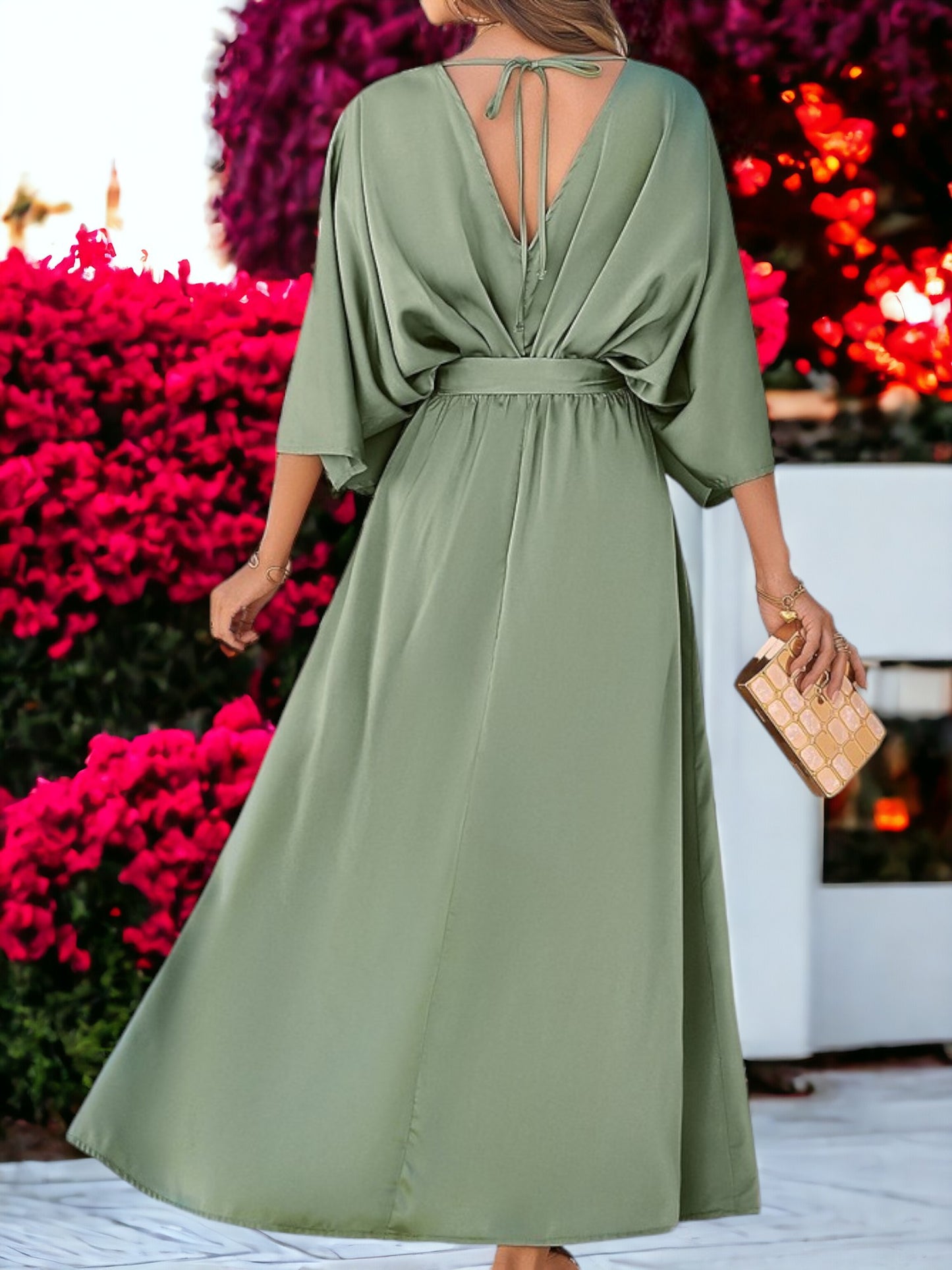 Vestido largo holgado con abertura y cintura alta con escote en V elegante para mujer