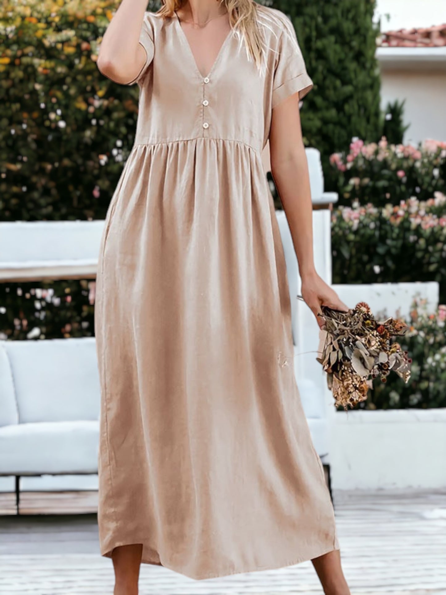 Vestido largo holgado de manga corta con escote en V y botones para mujer