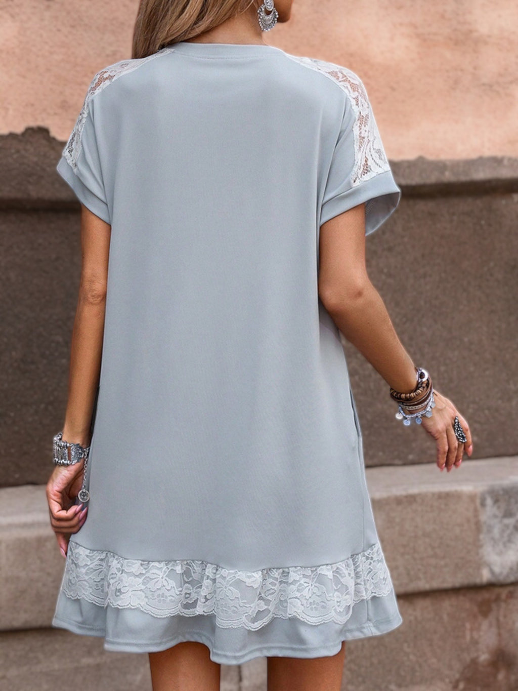 Short Sleeve Mini Dress with Lace Trim and Shoulder Detail