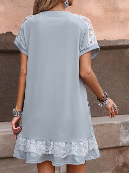 Short Sleeve Mini Dress with Lace Trim and Shoulder Detail