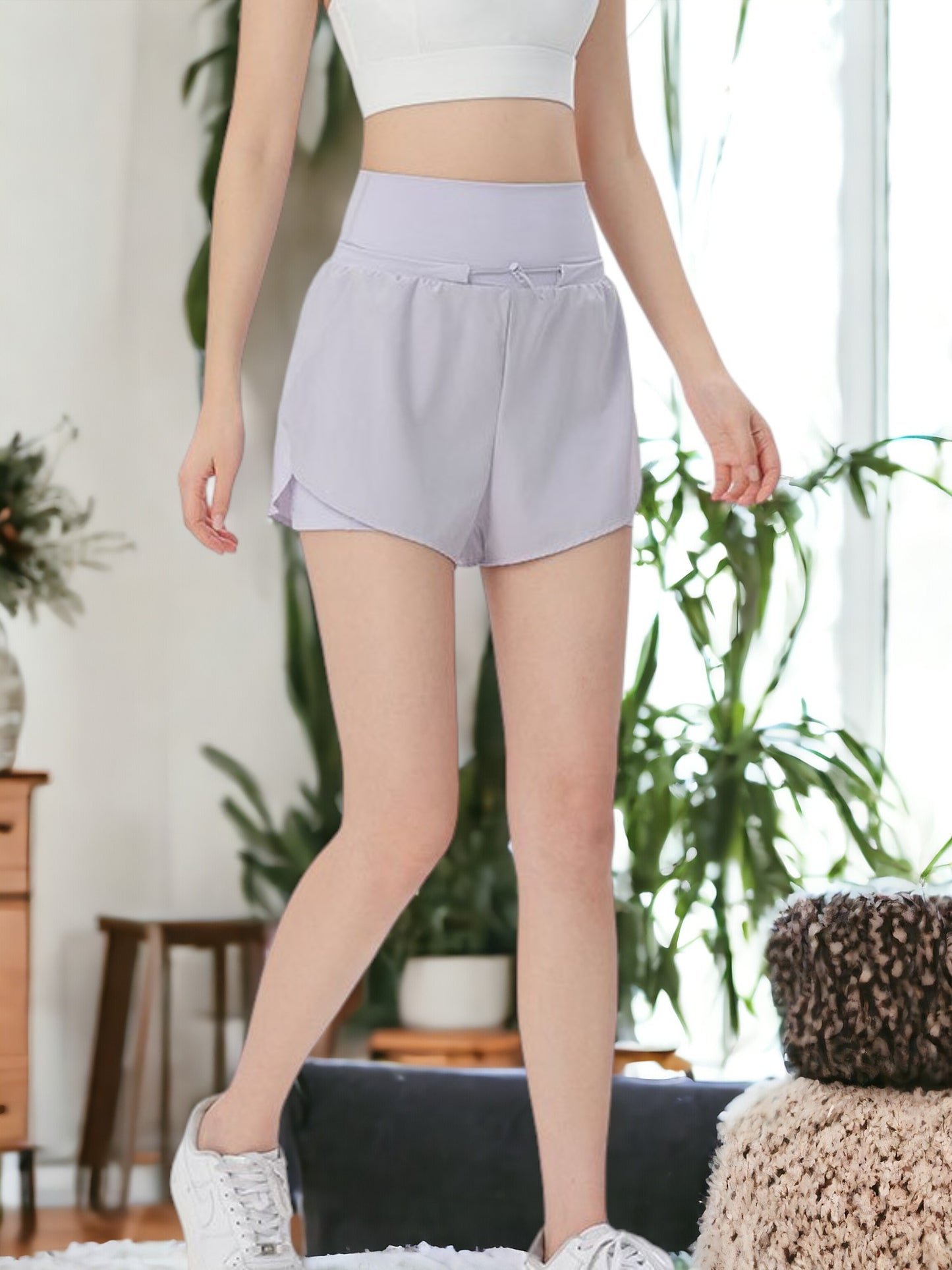 Pantalones cortos para correr de doble capa con cintura ancha y forro