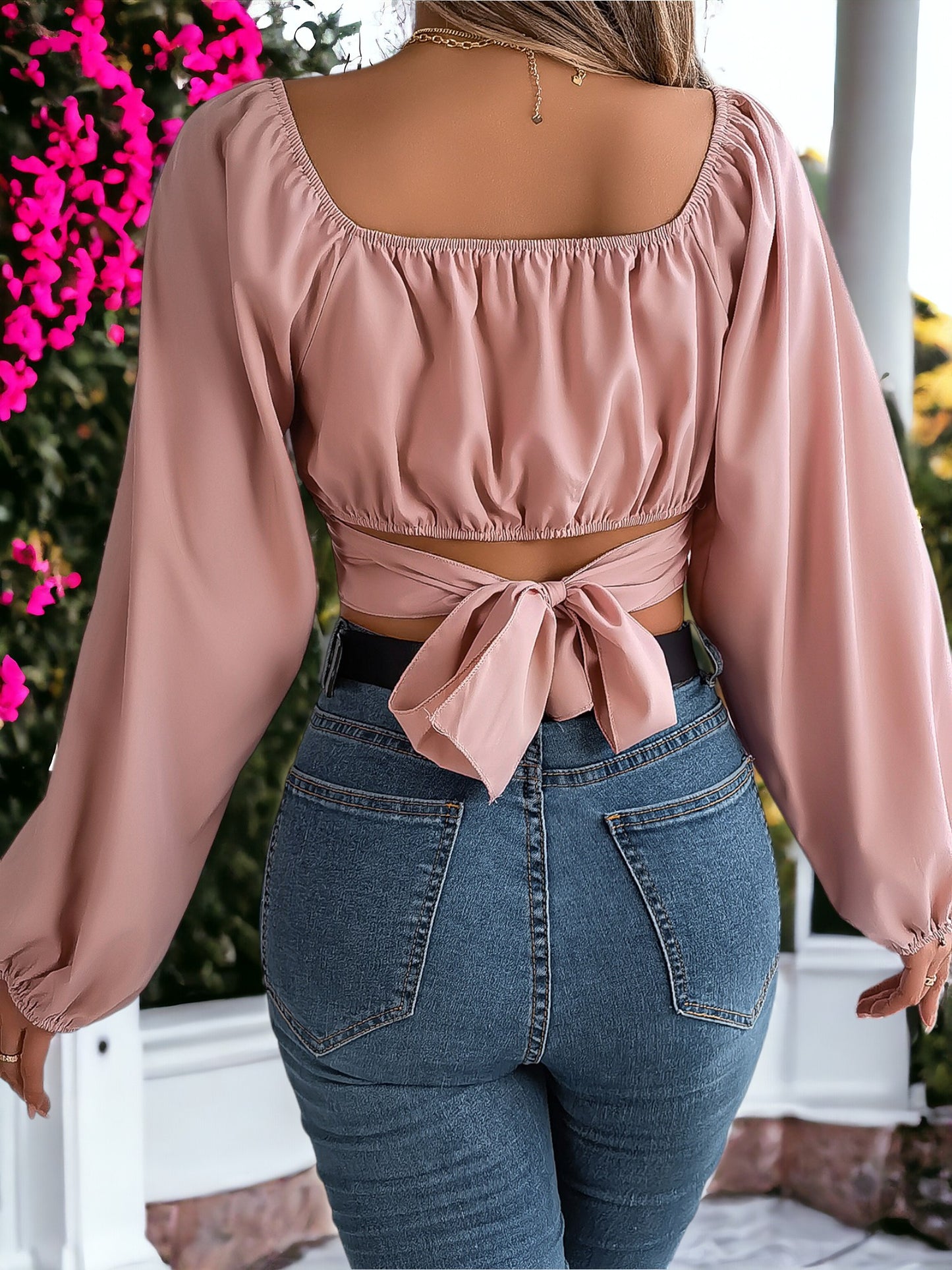 Lantern Sleeves Lace-Up Waist Chiffon Crop Top