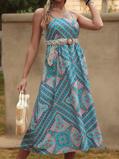 Spaghetti Strap Midi Dress with Geometric Print and Flowy Fit