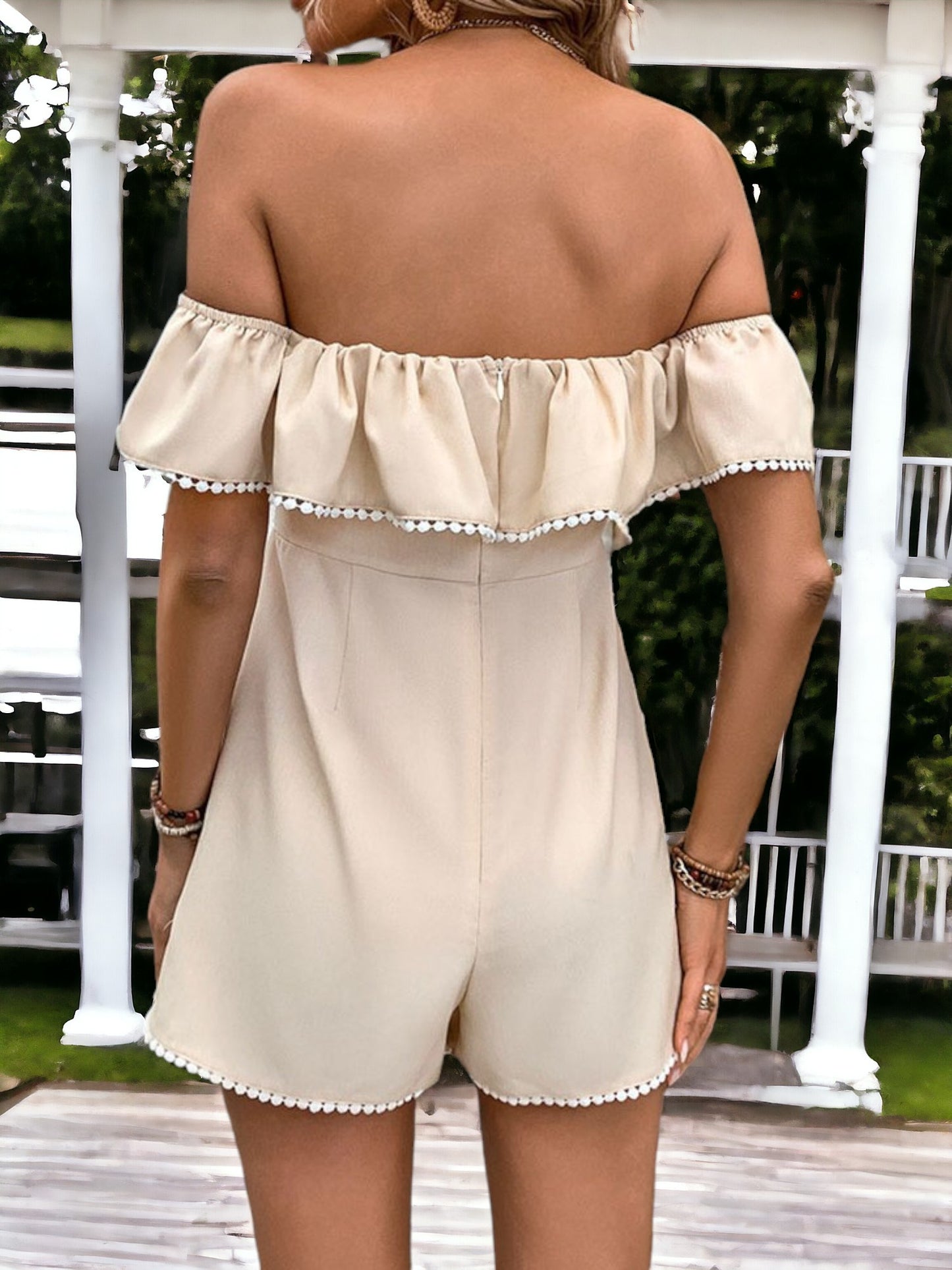 Ruffled Off Shoulder Jumpsuit With Ribbon Tie Waist