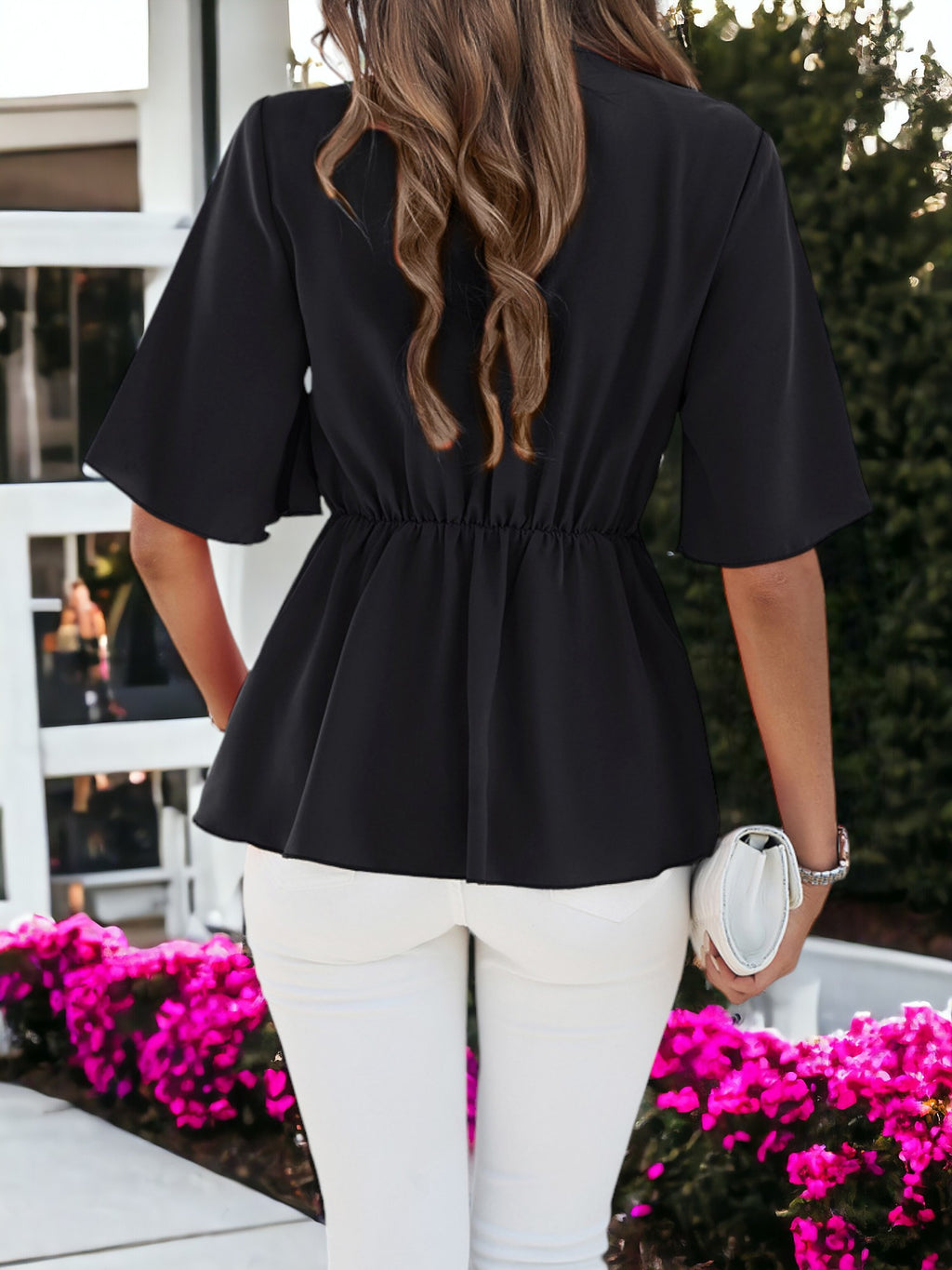 Blusa elegante con volantes y manga media con lazo en la cintura para mujer