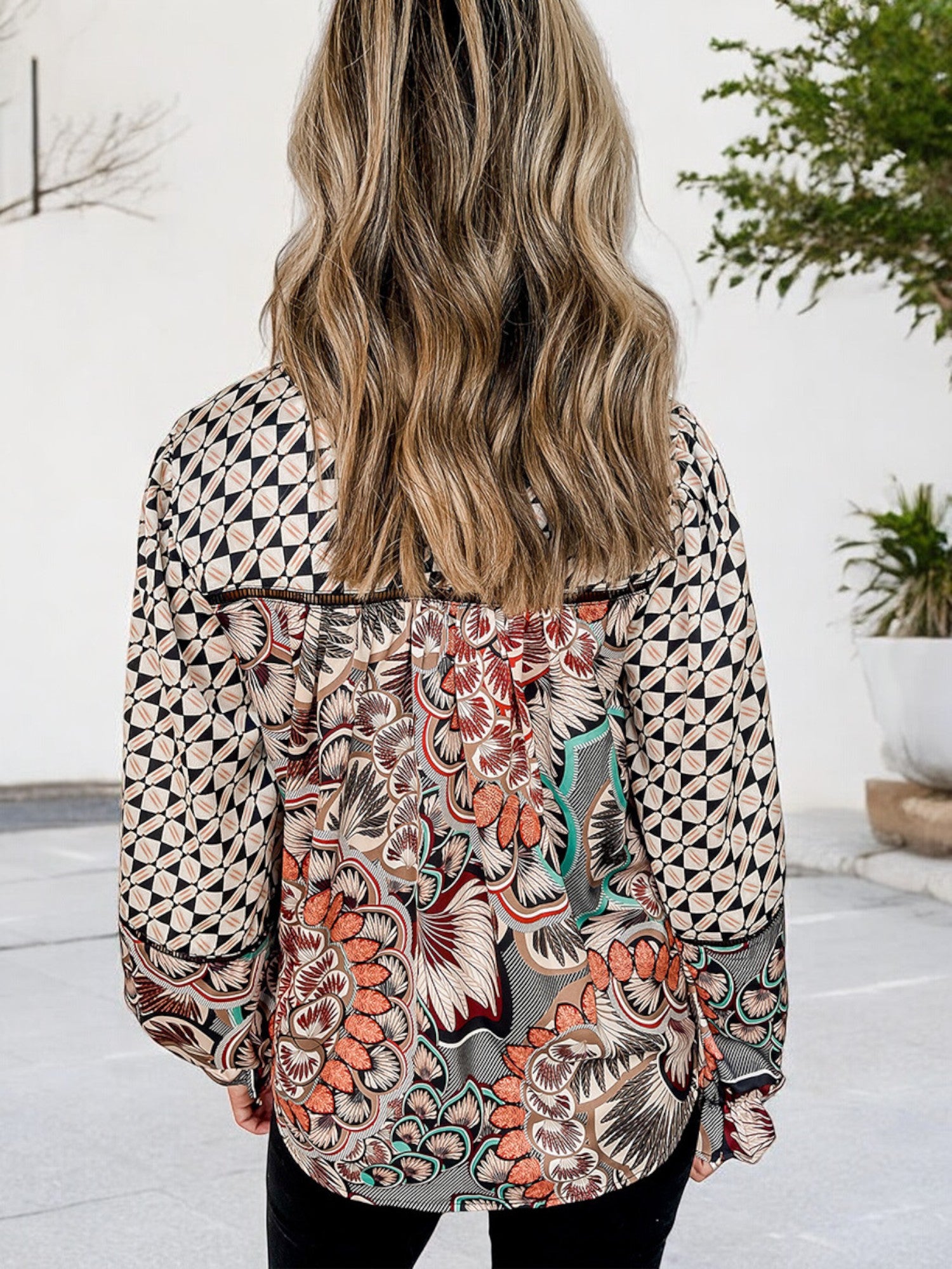 Anna-Kaci Women's Long Sleeve Bohemian Patchwork Print Blouse