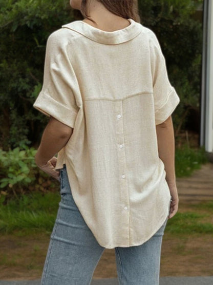 Short Sleeve V-Neck Blouse with Rolled Cuffs and Relaxed Fit