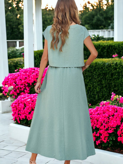 Two Piece Set Casual Short Sleeved Crop Top And Long Skirt