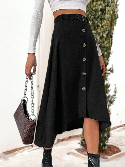 High Rise Buckled Plain Button-Up Midi A-Line Skirt