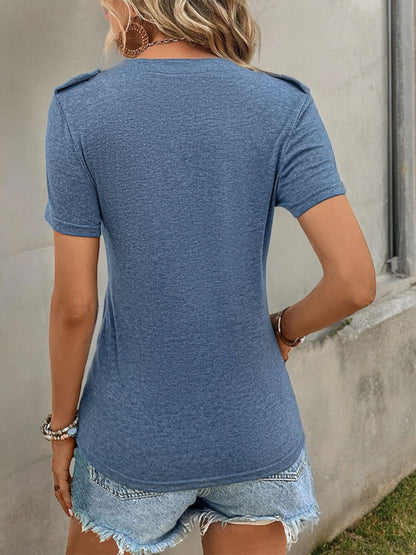 Short Sleeve Henley Top with Button Detailing and Chest Pocket
