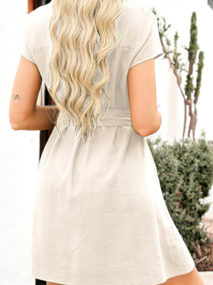 Button Down Dolman Sleeve Detailed Belted Shirt Tunic Dress